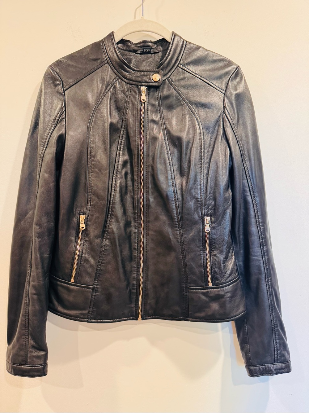 GUESS Genuine Leather Moto Jacket S Black Gold Hardware Floral Lining